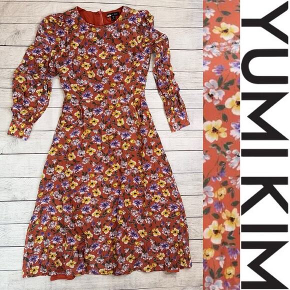 YUMI KIM Love Me Tender Midi Dress Rust Floral Long Sleeves Small Petite SP - Picture 4 of 10